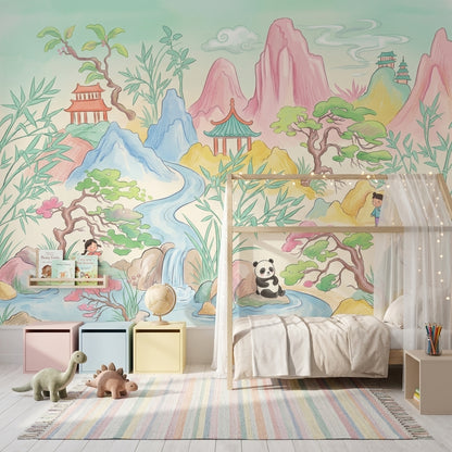 Pastel Landscape Wallpaper Oriental Chinoiserie Pagoda Pavilion Removable Wall Decor