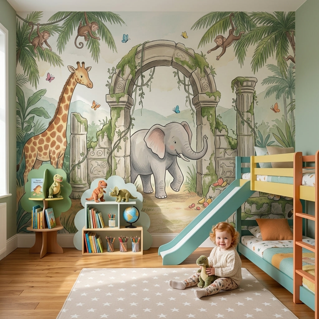 Tropical Jungle Wallpaper Green Foliage Stone Ruins Arch Removable Wall Decor