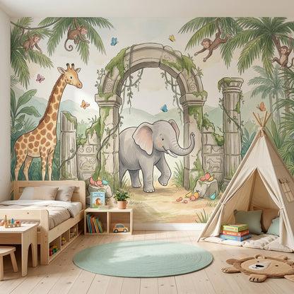 Tropical Jungle Wallpaper Green Foliage Stone Ruins Arch Removable Wall Decor