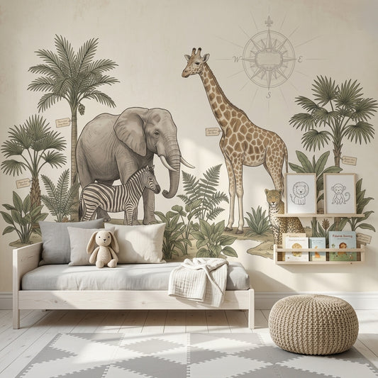 Muted Green Wallpaper Safari Animals Removable Vintage Wall Decor