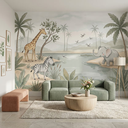 Safari Wallpaper Watering Hole Soft Pastel Removable Wall Decor