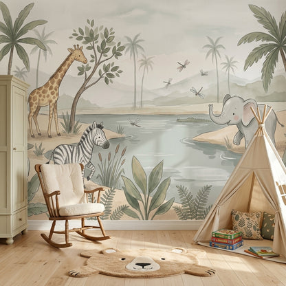 Safari Wallpaper Watering Hole Soft Pastel Removable Wall Decor