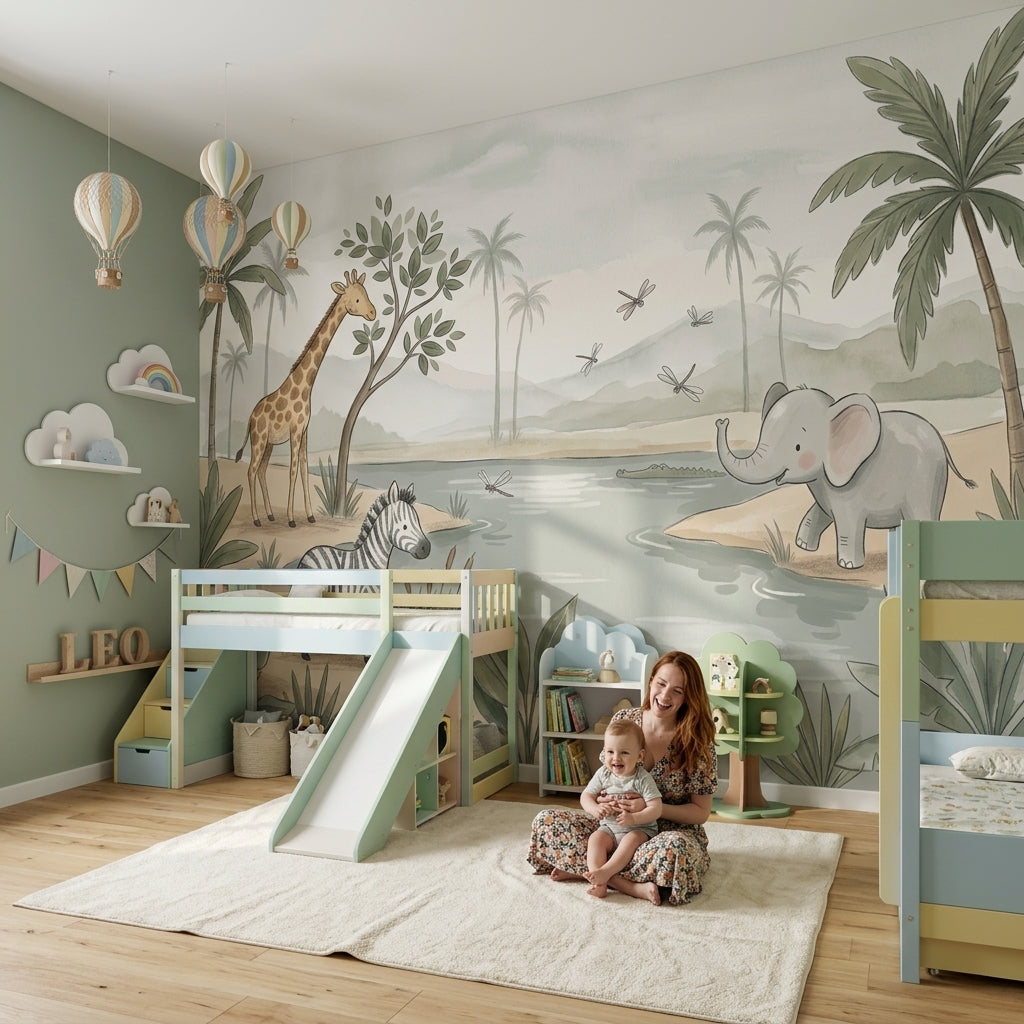Safari Wallpaper Watering Hole Soft Pastel Removable Wall Decor