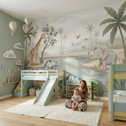 Safari Wallpaper Watering Hole Soft Pastel Removable Wall Decor