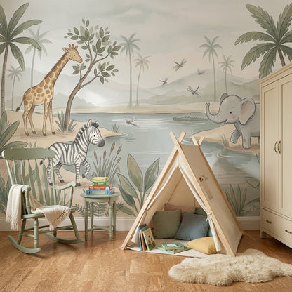 Safari Wallpaper Watering Hole Soft Pastel Removable Wall Decor