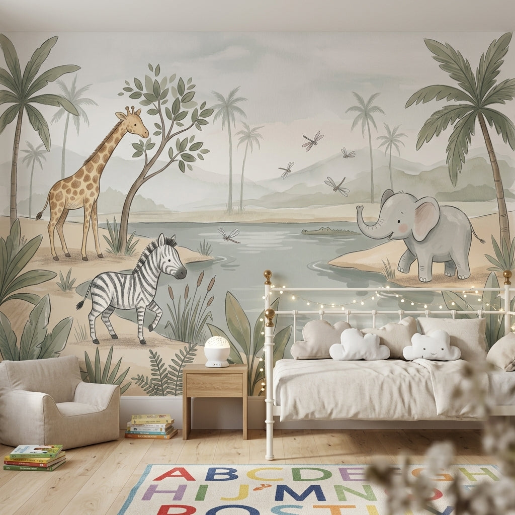 Safari Wallpaper Watering Hole Soft Pastel Removable Wall Decor