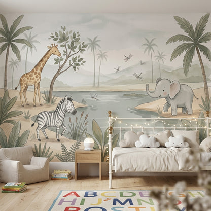 Safari Wallpaper Watering Hole Soft Pastel Removable Wall Decor