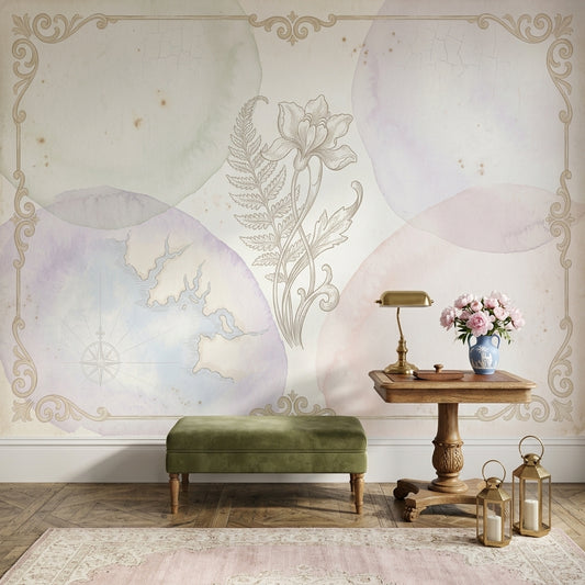 Paper Texture Wallpaper Vintage Botanical Ornate Frame Wall Mural