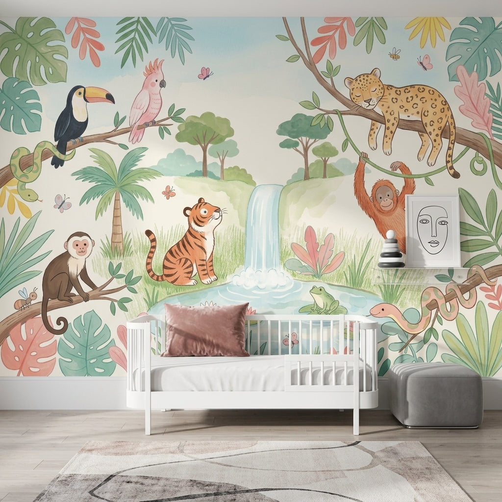 Tropical Jungle Wallpaper Waterfall Pond Pastel Watercolor Wall Mural