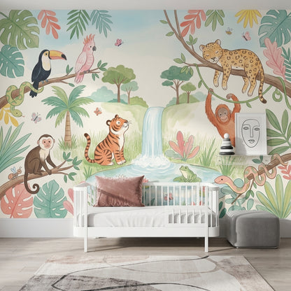 Tropical Jungle Wallpaper Waterfall Pond Pastel Watercolor Wall Mural