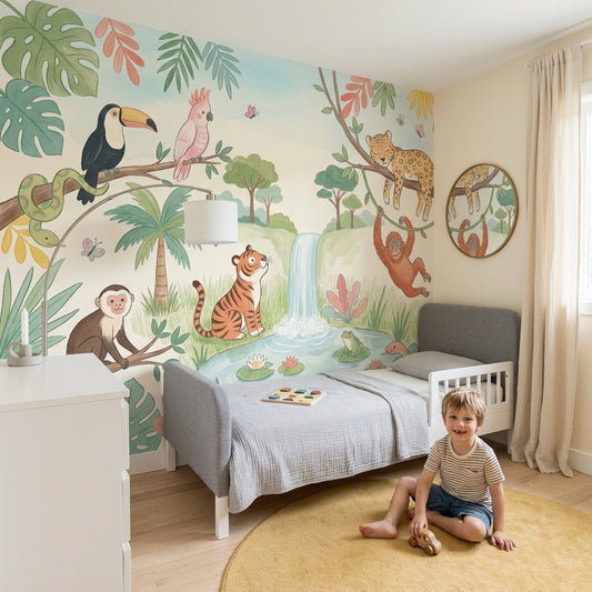 Tropical Jungle Wallpaper Waterfall Pond Pastel Watercolor Wall Mural