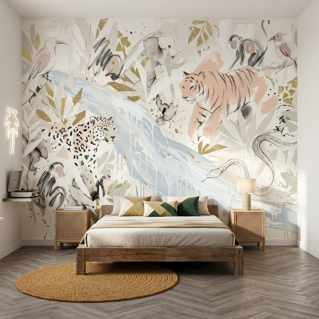 Abstract Safari Wallpaper Tiger Illustration Removable Gold Accents Wall Decor