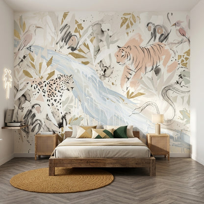 Abstract Safari Wallpaper Tiger Illustration Removable Gold Accents Wall Decor