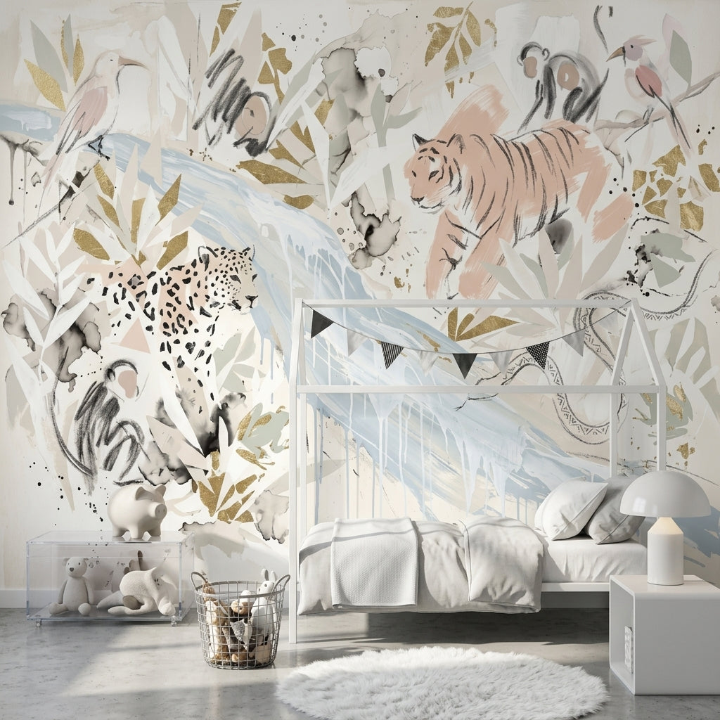 Abstract Safari Wallpaper Tiger Illustration Removable Gold Accents Wall Decor