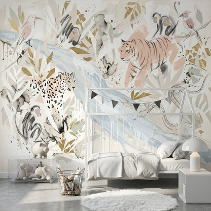Abstract Safari Wallpaper Tiger Illustration Removable Gold Accents Wall Decor