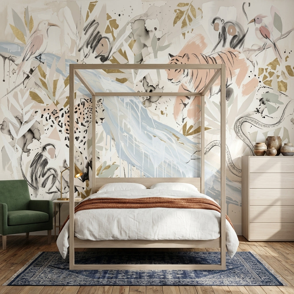 Abstract Safari Wallpaper Tiger Illustration Removable Gold Accents Wall Decor