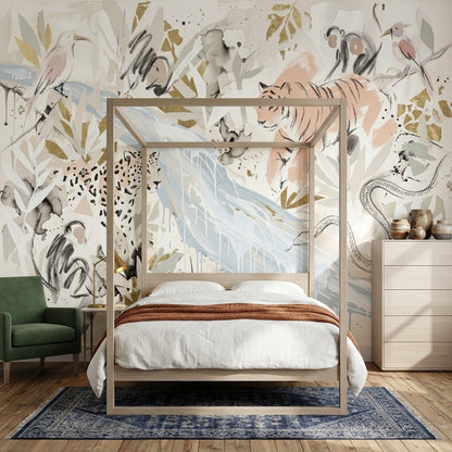 Abstract Safari Wallpaper Tiger Illustration Removable Gold Accents Wall Decor