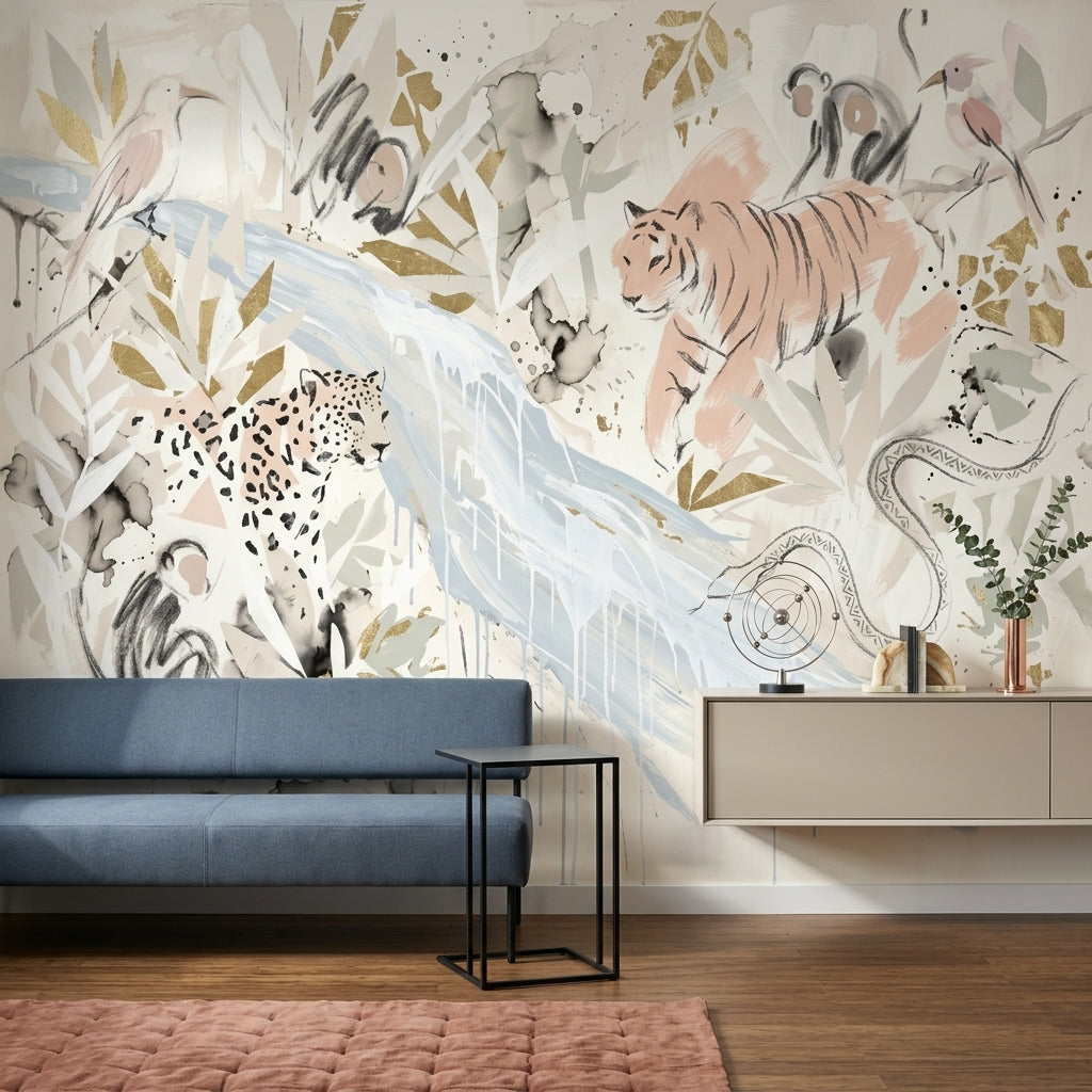 Abstract Safari Wallpaper Tiger Illustration Removable Gold Accents Wall Decor