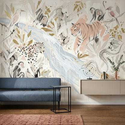Abstract Safari Wallpaper Tiger Illustration Removable Gold Accents Wall Decor