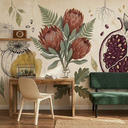 Vintage Botanical Wallpaper Floral Illustration Pomegranate Removable Wall Decor
