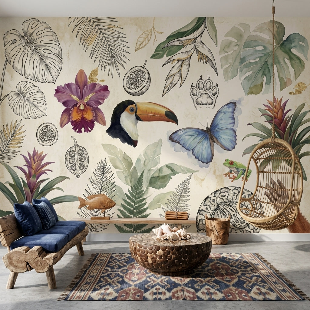 Tropical Wallpaper Toucan Blue Butterfly Wall Mural