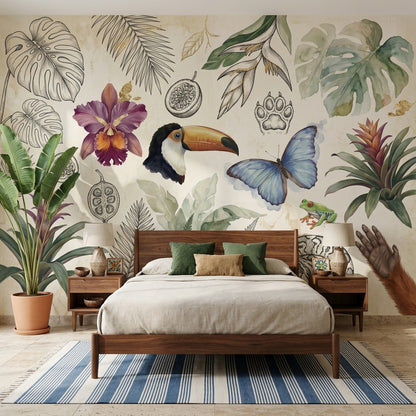 Tropical Wallpaper Toucan Blue Butterfly Wall Mural