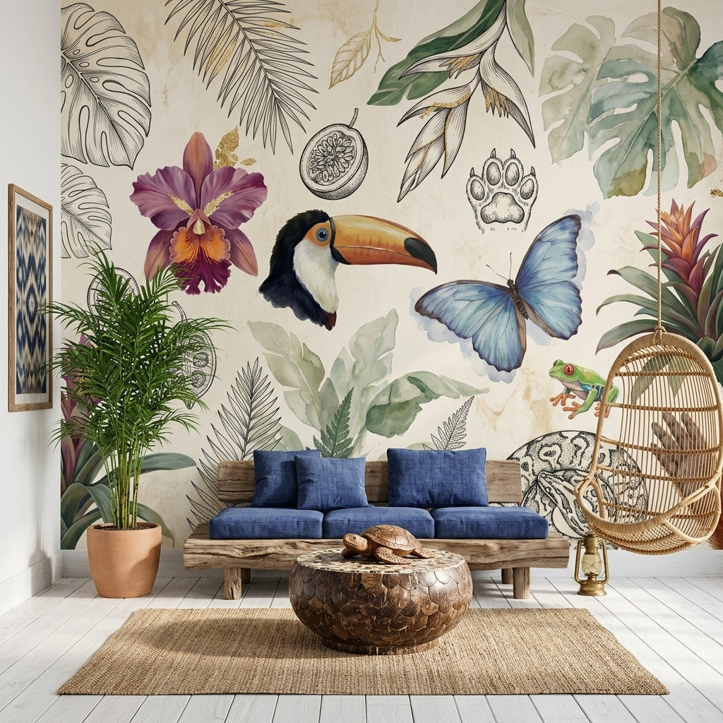 Tropical Wallpaper Toucan Blue Butterfly Wall Mural