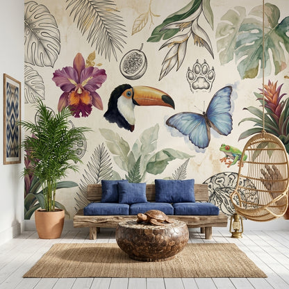 Tropical Wallpaper Toucan Blue Butterfly Wall Mural