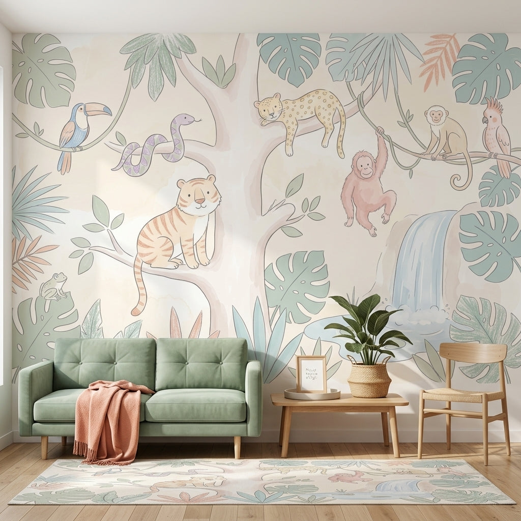 Tropical Jungle Wallpaper Pastel Animals Waterfall Pond Removable Wall Decor