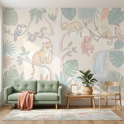 Tropical Jungle Wallpaper Pastel Animals Waterfall Pond Removable Wall Decor