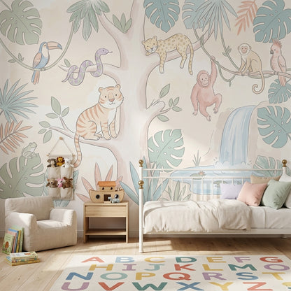 Tropical Jungle Wallpaper Pastel Animals Waterfall Pond Removable Wall Decor
