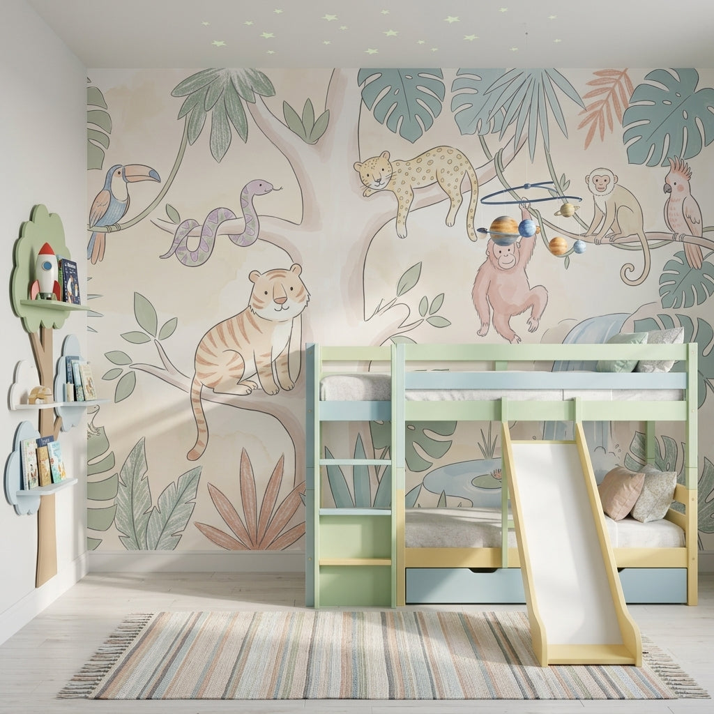 Tropical Jungle Wallpaper Pastel Animals Waterfall Pond Removable Wall Decor