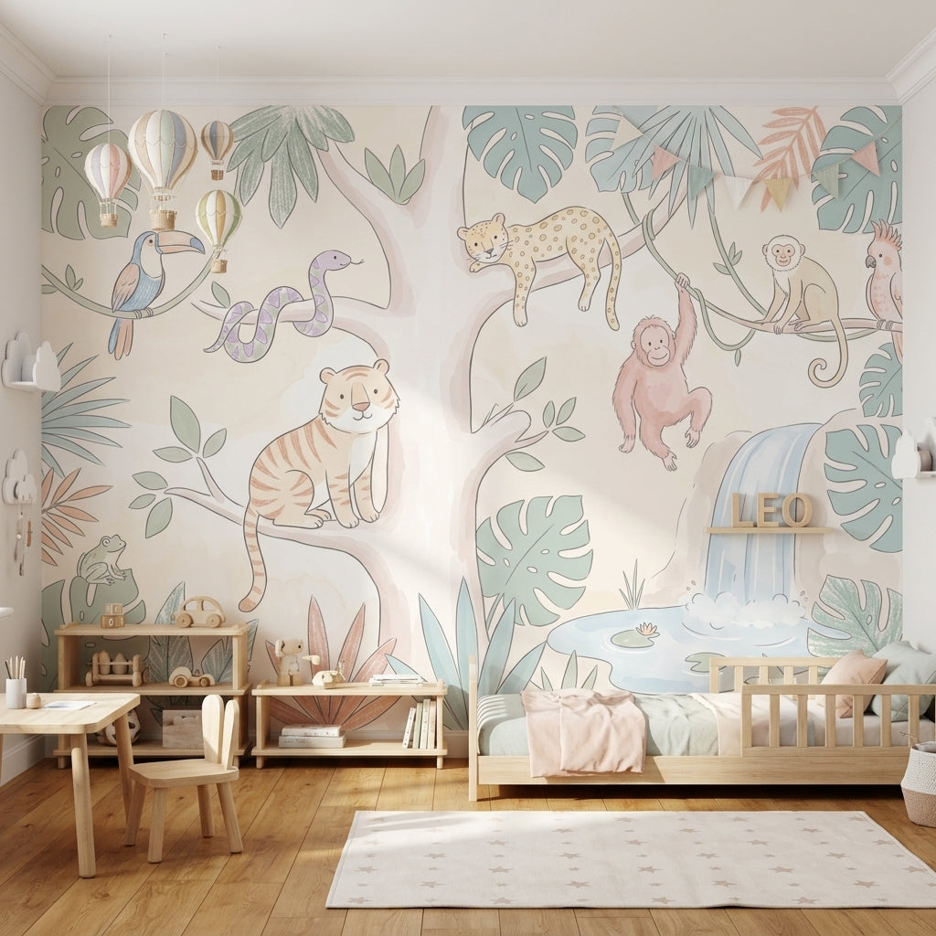 Tropical Jungle Wallpaper Pastel Animals Waterfall Pond Removable Wall Decor