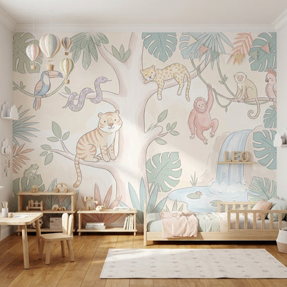 Tropical Jungle Wallpaper Pastel Animals Waterfall Pond Removable Wall Decor