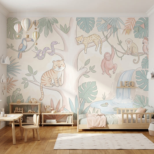 Tropical Jungle Wallpaper Pastel Animals Waterfall Pond Removable Wall Decor