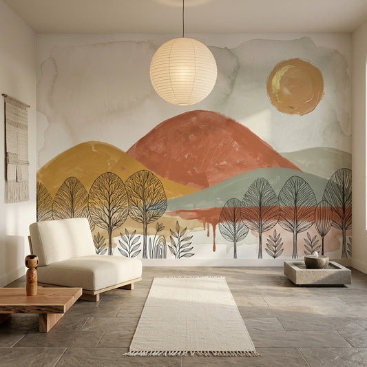 Abstract Landscape Wallpaper Watercolor Hills Line Art Trees Wall Mural