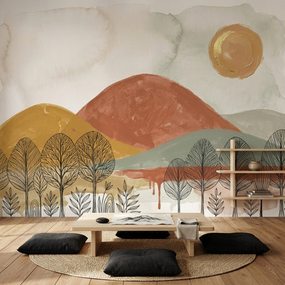 Abstract Landscape Wallpaper Watercolor Hills Line Art Trees Wall Mural