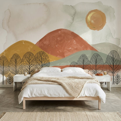 Abstract Landscape Wallpaper Watercolor Hills Line Art Trees Wall Mural