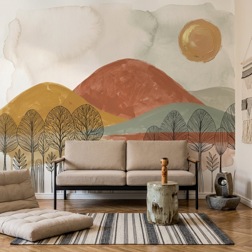 Abstract Landscape Wallpaper Watercolor Hills Line Art Trees Wall Mural
