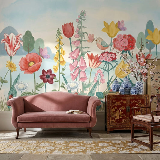 Pastel Butterflies Wallpaper Wildflower Meadow Watercolor Removable Wall Decor