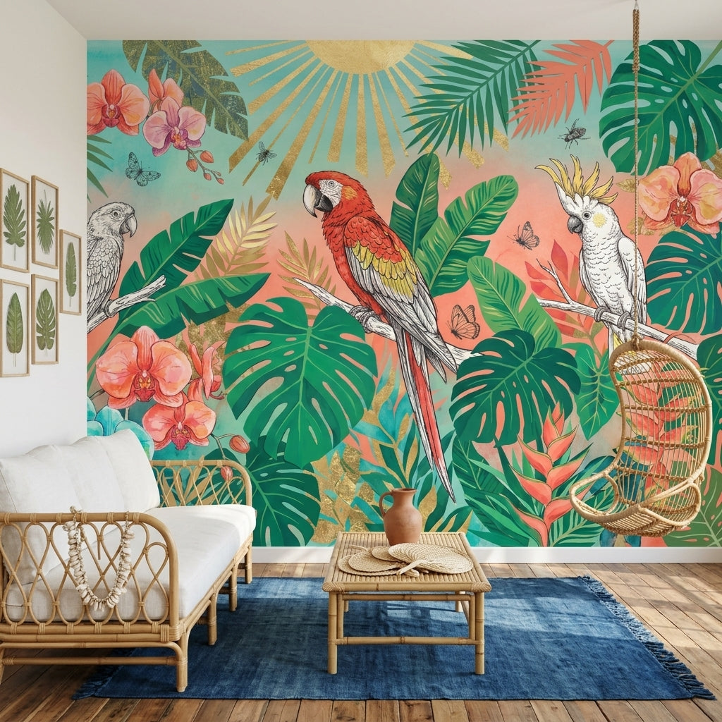 Tropical Wallpaper Botanical Parrots Wall Mural