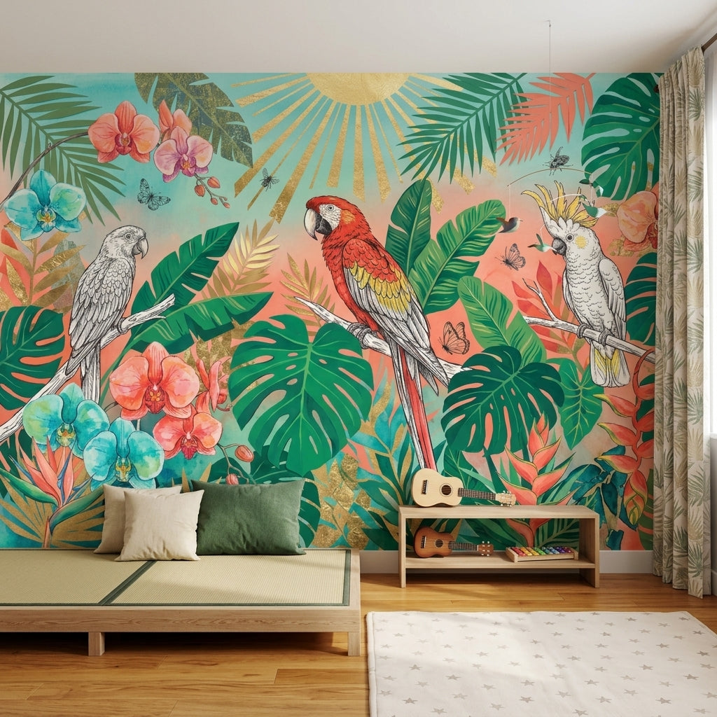 Tropical Wallpaper Botanical Parrots Wall Mural