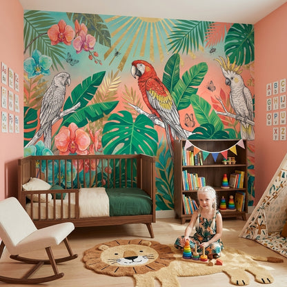 Tropical Wallpaper Botanical Parrots Wall Mural