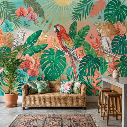 Tropical Wallpaper Botanical Parrots Wall Mural