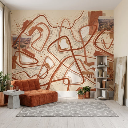 Abstract Topographic Lines Wallpaper Meandering Paths Removable Canyon Landscape Collage Wall Decor