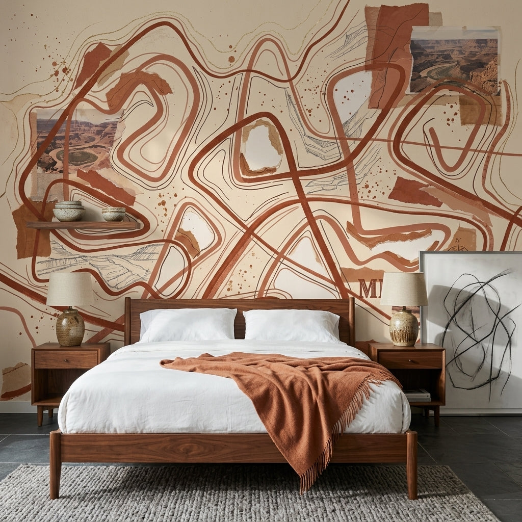 Abstract Topographic Lines Wallpaper Meandering Paths Removable Canyon Landscape Collage Wall Decor
