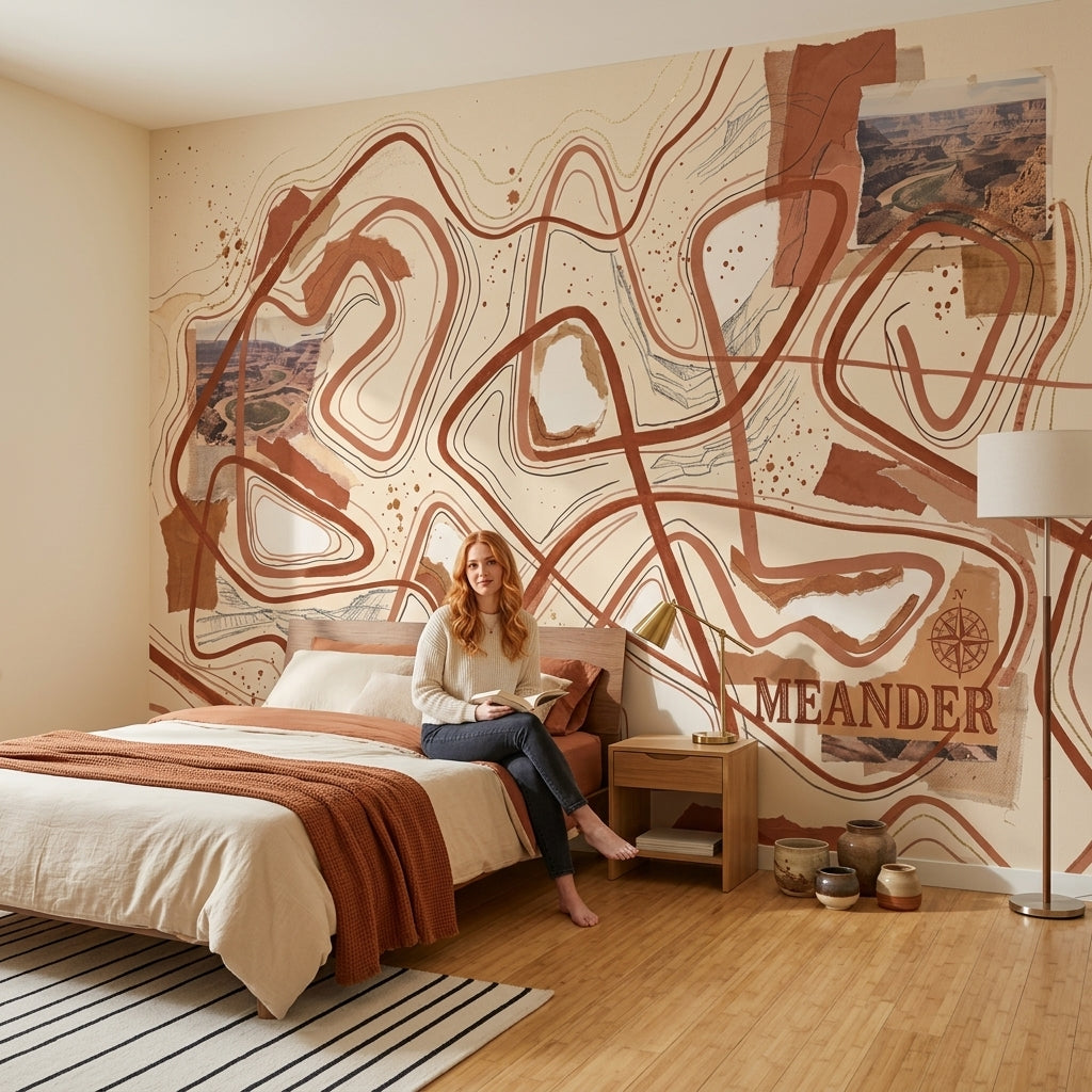 Abstract Topographic Lines Wallpaper Meandering Paths Removable Canyon Landscape Collage Wall Decor