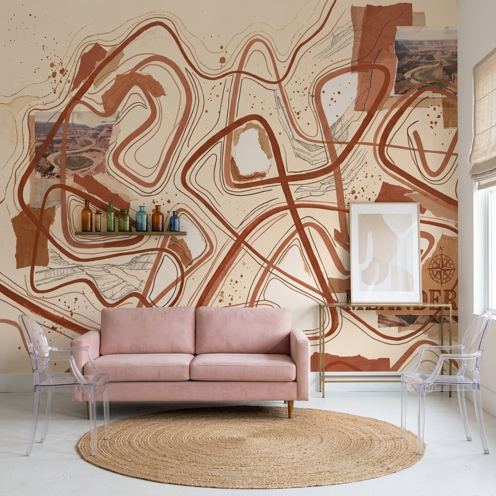 Abstract Topographic Lines Wallpaper Meandering Paths Removable Canyon Landscape Collage Wall Decor