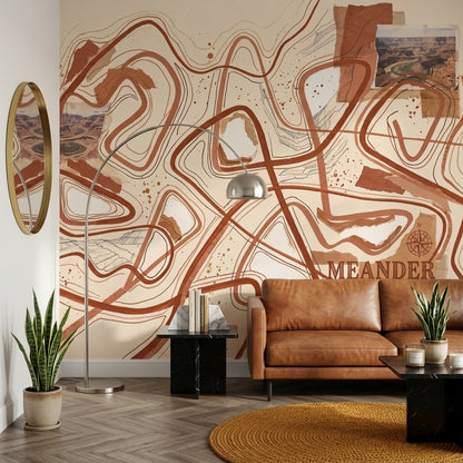 Abstract Topographic Lines Wallpaper Meandering Paths Removable Canyon Landscape Collage Wall Decor