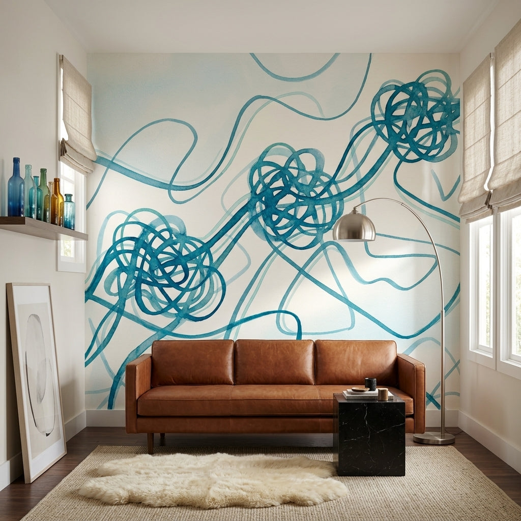 Abstract Wallpaper Watercolor Removable Teal Blue Wall Decor